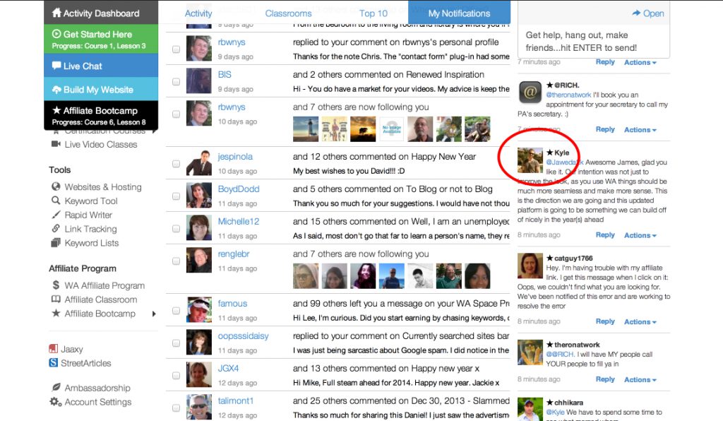 The WA Dashboard shows the Live Chat on the right and other components on the left. Co-Owner Kyle is always there to answer your questions.