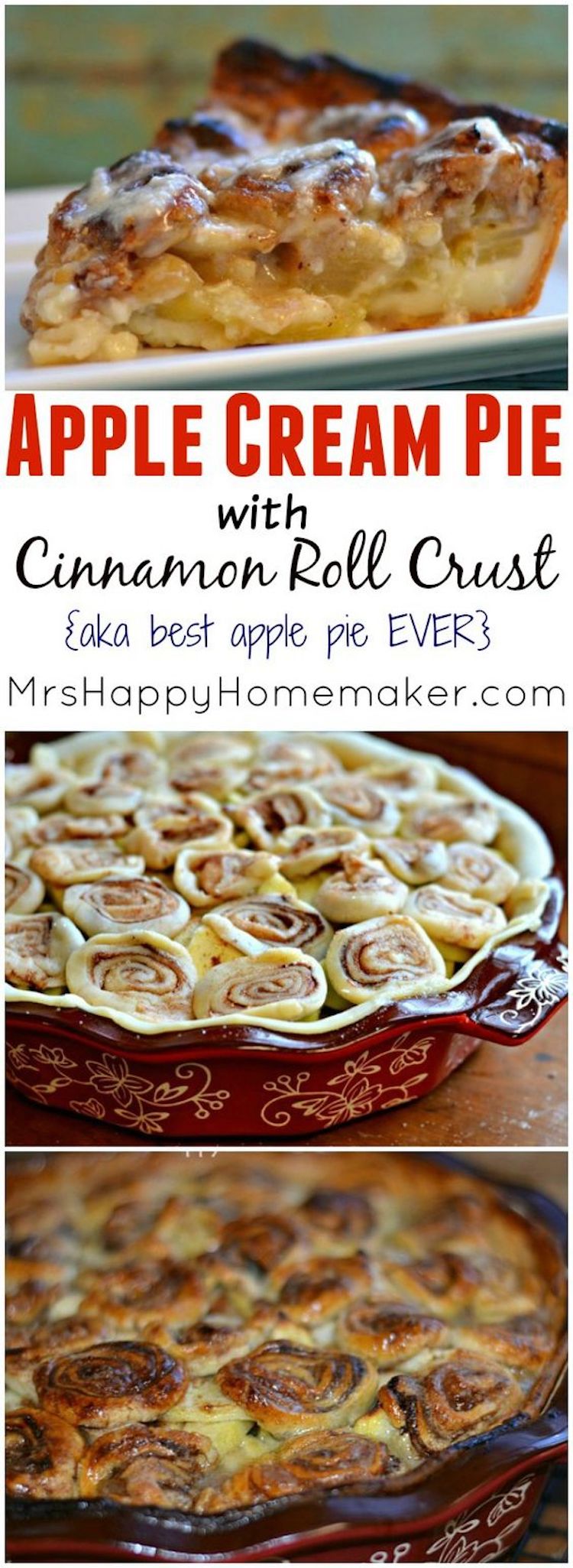 Apple Cream Cinnamon Crust Pie Recipe: Apple Cream Pie with Cinnamon Roll Crust – aka the BEST apple pie you’ve EVER had! Apples & cream baked into a cinnamon roll pie crust – A MUST MAKE!